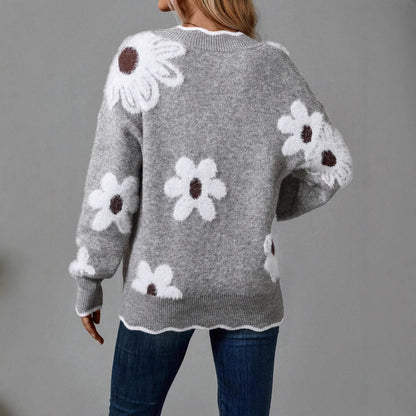 Damen Strickpullover mit floralem Design und V-Ausschnitt Stalluxe