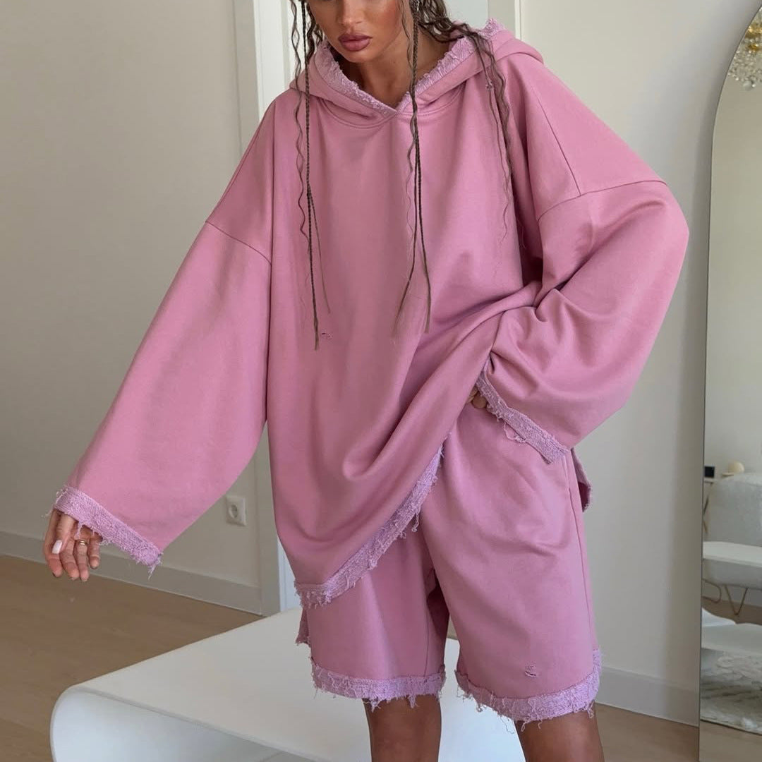 Damen sportlicher Oversized Hoodie mit fransigen Details und Shorts-Set Stalluxe Pink