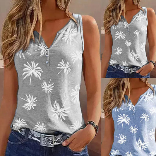 Damen ärmelloses Oberteil mit Palmenmotiv und Knopfdetails Stalluxe