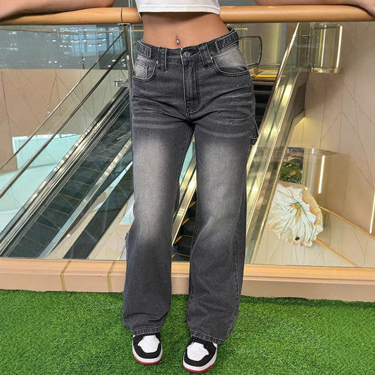Damen Hoch taillierte weit geschnittene Jeanshose mit Vintage-Waschung Stalluxe