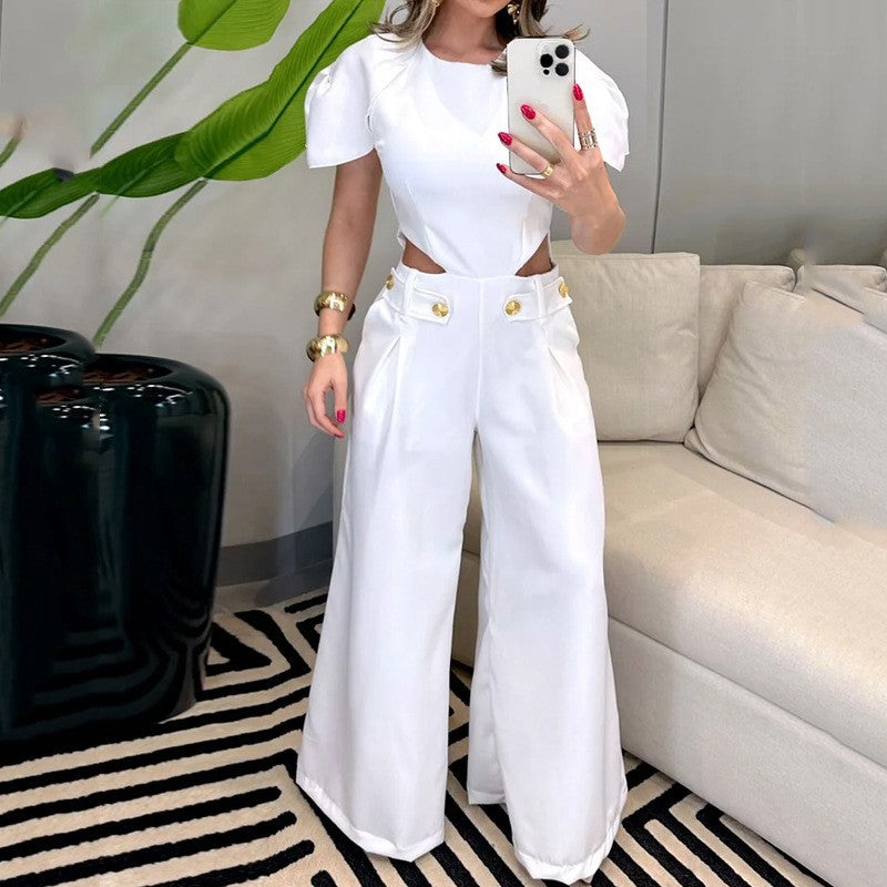 Damen Eleganter Jumpsuit mit Cut-Out und voluminösen Ärmeln Stalluxe