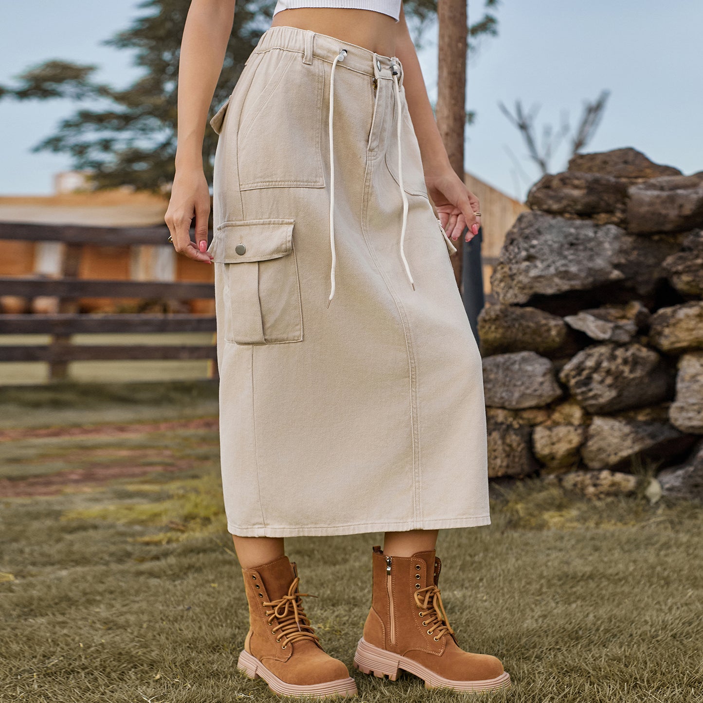 Damen Cargo-Midirock mit praktischen Seitentaschen und verstellbarem Kordelzug Stalluxe
