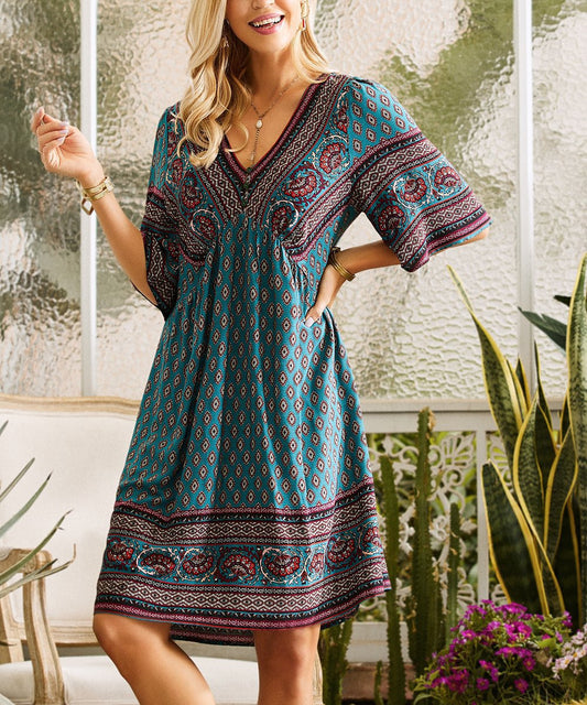 Damen Freizeitkleid mit elegantem V-Ausschnitt und voluminösen Ärmeln Stalluxe