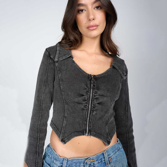 Damen tailliertes Jeansjacke mit Reißverschluss Stalluxe