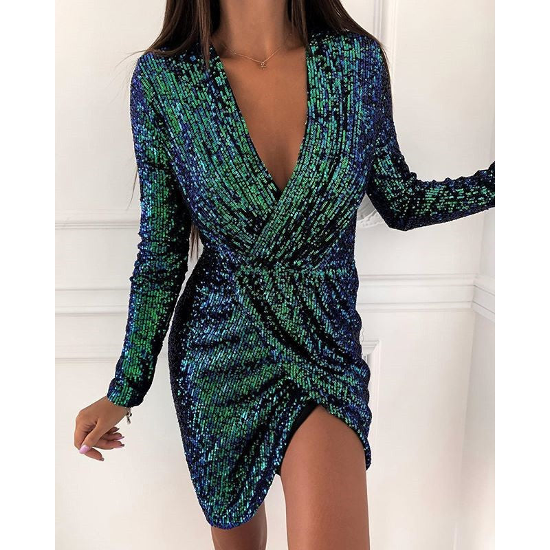 Damen Funkelndes Cocktailkleid mit V-Ausschnitt und langen Ärmeln Stalluxe