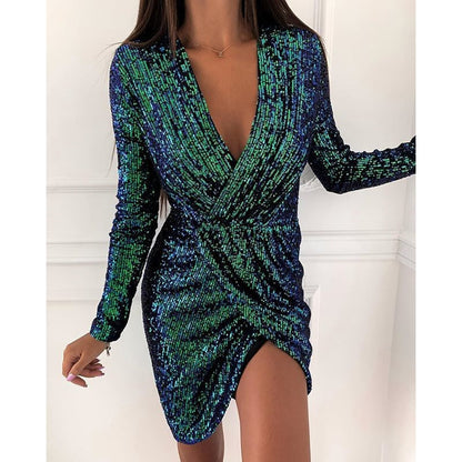 Damen Funkelndes Cocktailkleid mit V-Ausschnitt und langen Ärmeln Stalluxe