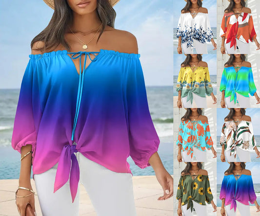 Damen Off-Shoulder Bluse mit floralem Design und Bindegürtel Stalluxe