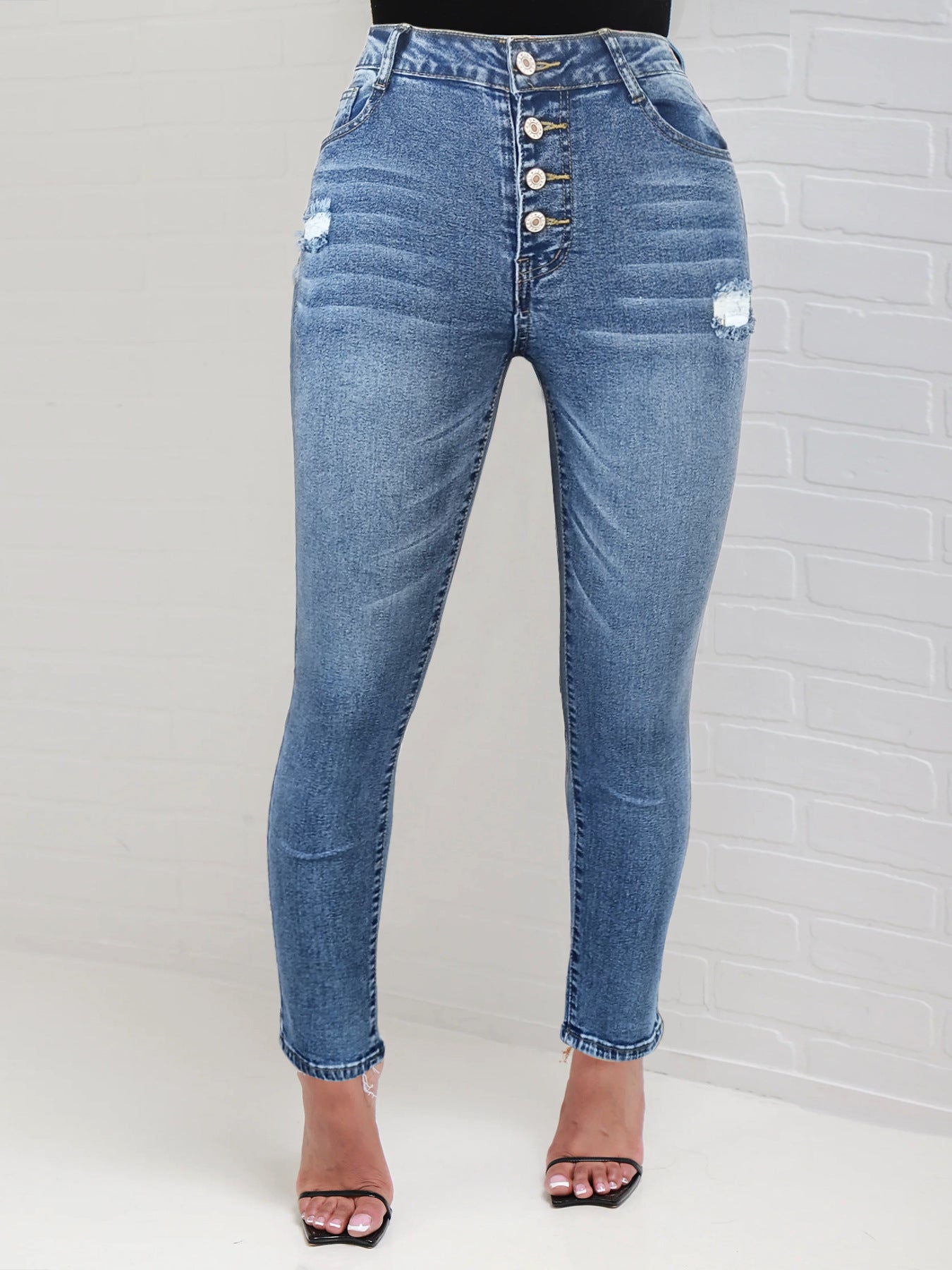 Damen High-Waist Jeans mit Knopf-Front und stylishem Distressed-Look Stalluxe