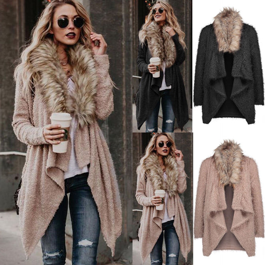 Damen Flauschiger Cardigan mit abnehmbarem Kunstfellkragen Stalluxe