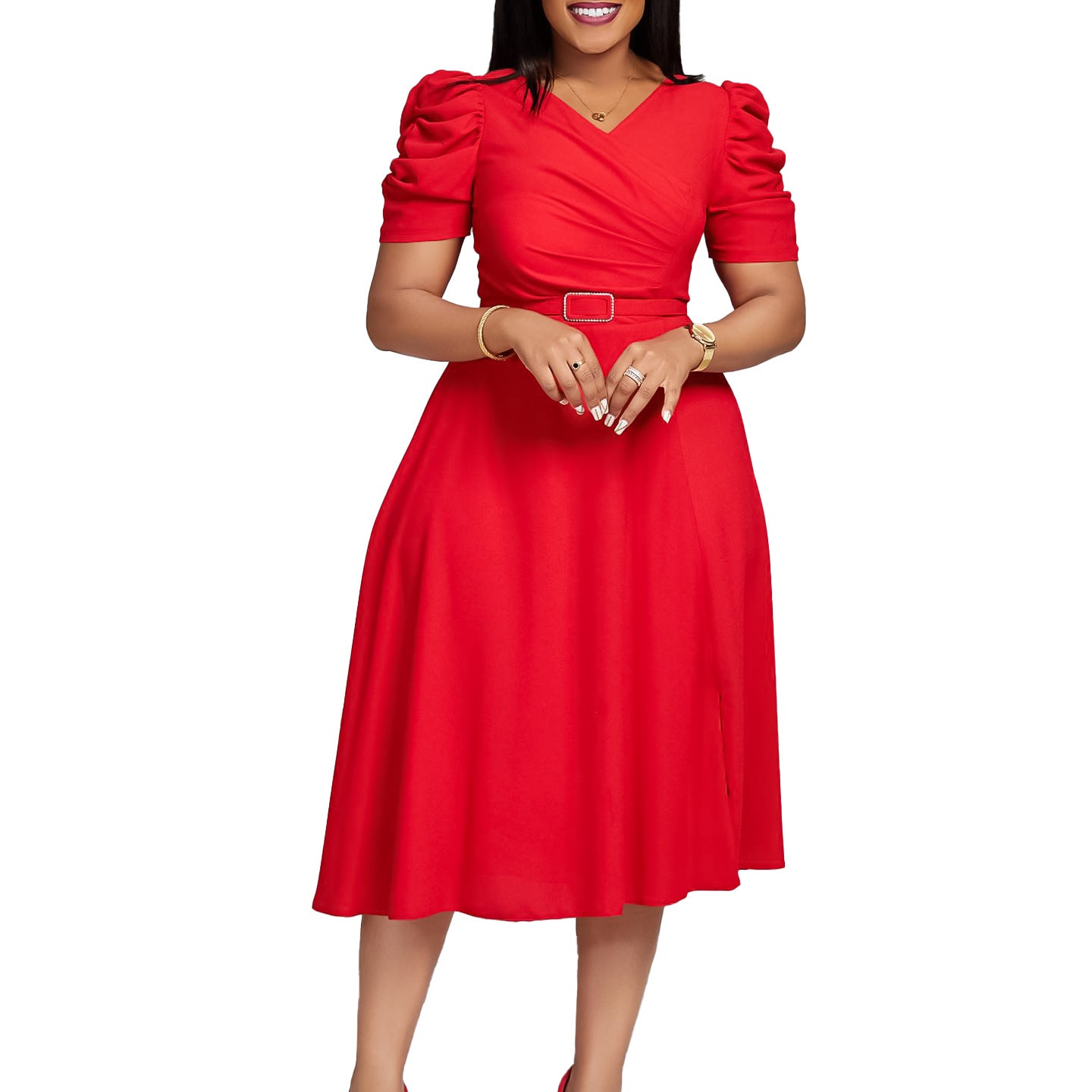 Damen Midi-Kleid mit voluminösen Puffärmeln und schickem Taillengürtel Stalluxe