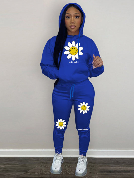 Damen Freizeit Hoodie und Jogginghose Set mit fröhlichem Blumenmotiv Stalluxe