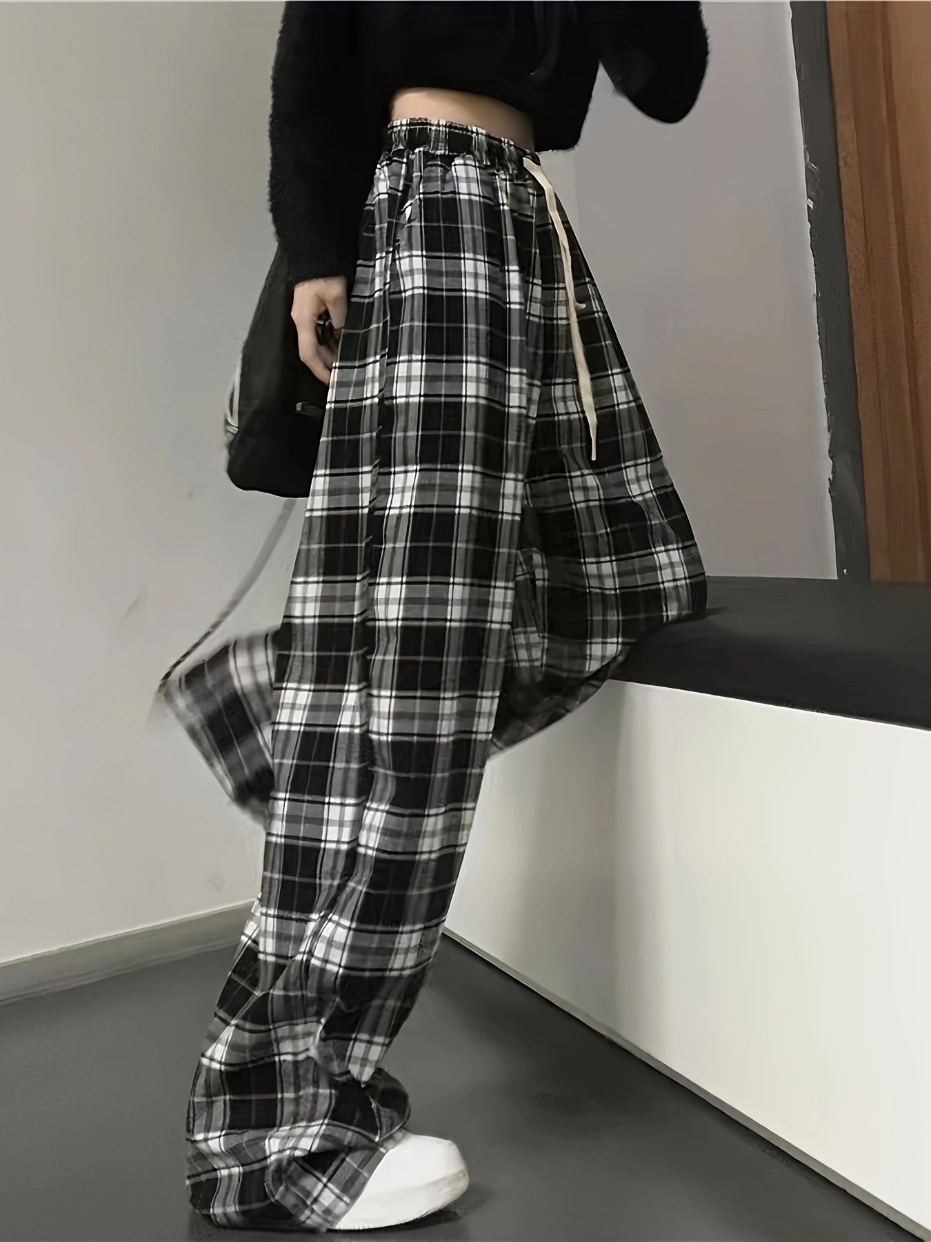 Damen Karierte Freizeithose mit elastischem Bund und Kordelzug Stalluxe