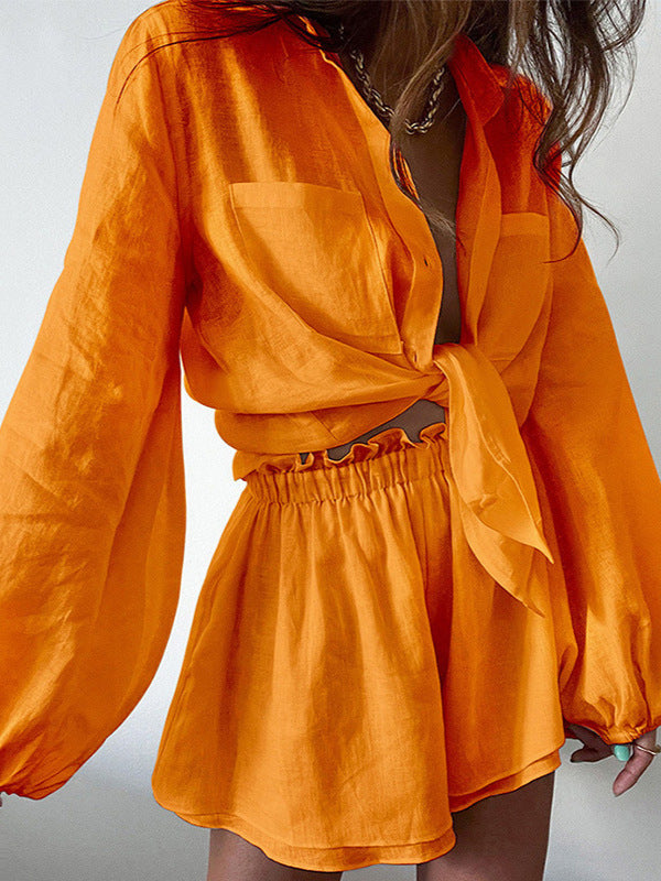 Damen modisches Kurzarmhemd und lockere Shorts Set Stalluxe Orange