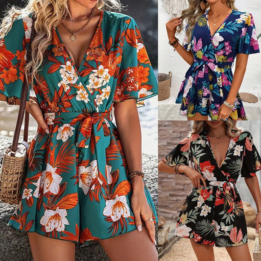 Damen Blumendesignd Jumpsuit mit Wickeloptik und Taillengürtel Stalluxe