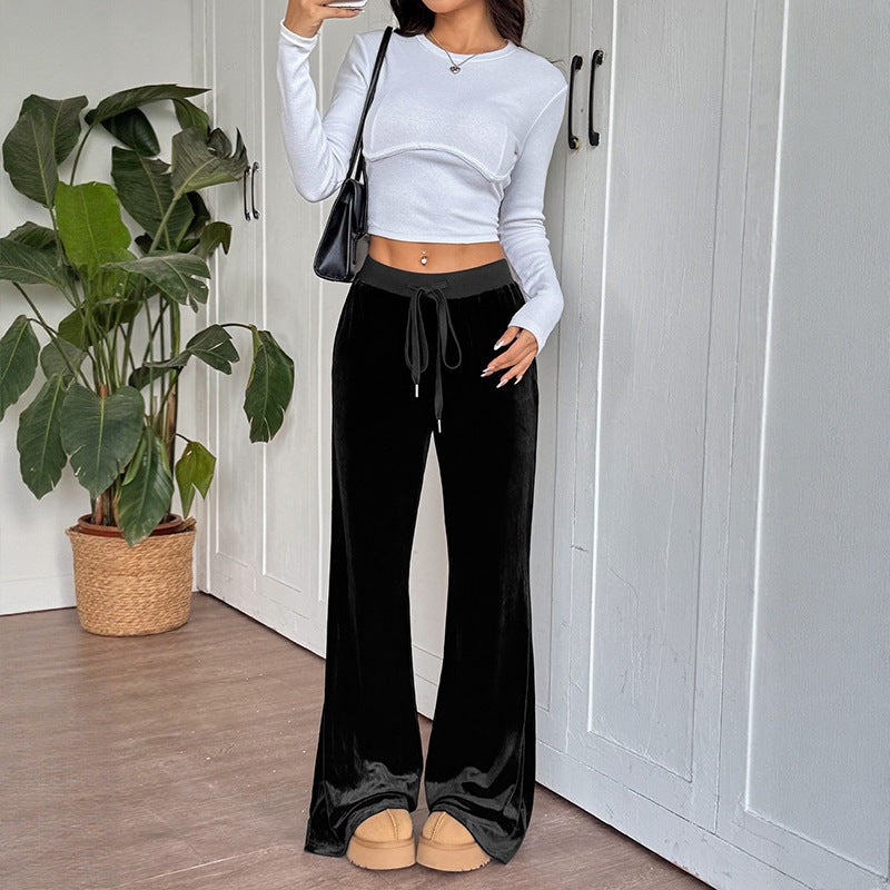 Damen weite Lounge-Hose aus Samt mit elastischem Bund und Kordelzug Stalluxe