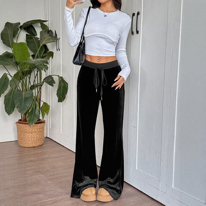 Damen weite Lounge-Hose aus Samt mit elastischem Bund und Kordelzug Stalluxe