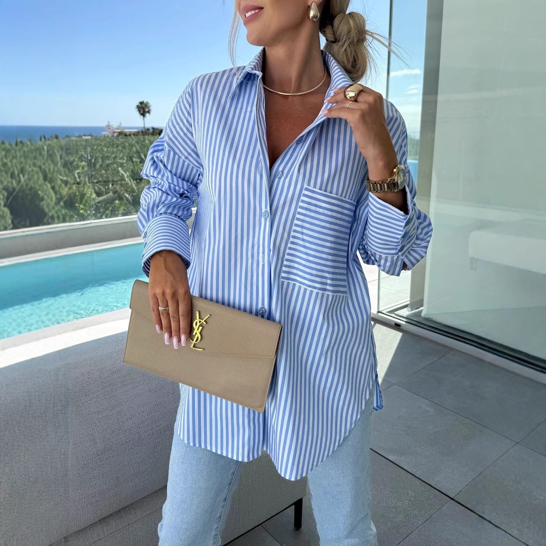 Damen Langarm Bluse mit feinen Streifen und praktischer Brusttasche Stalluxe Blau