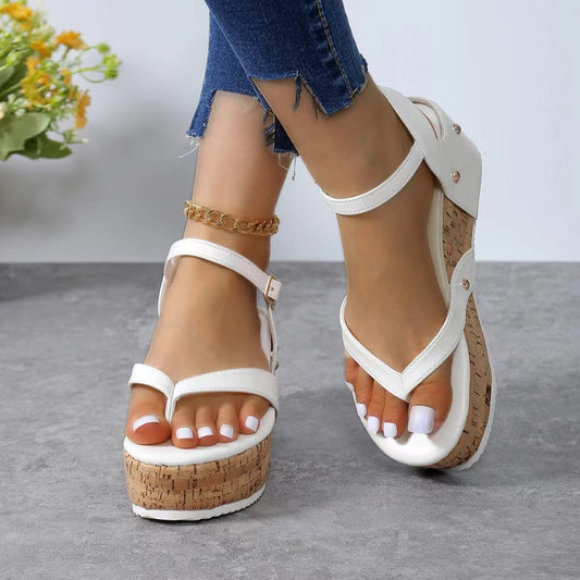 Damen Keil-Sandalen mit elastischem Riemendesign und korkähnlicher Sohle Stalluxe