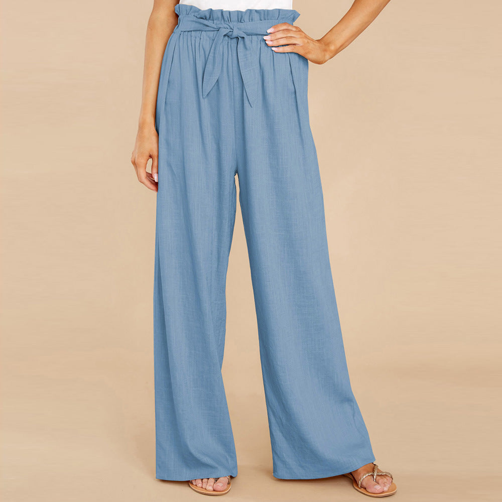 Damen weite Leinenhose mit hohem Bund und Gürtel auf Taillenhöhe Stalluxe