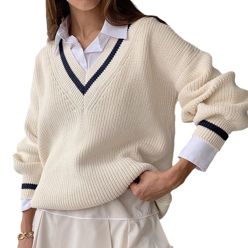 Damen V-Ausschnitt Pullover mit kontrastierenden Streifen Stalluxe