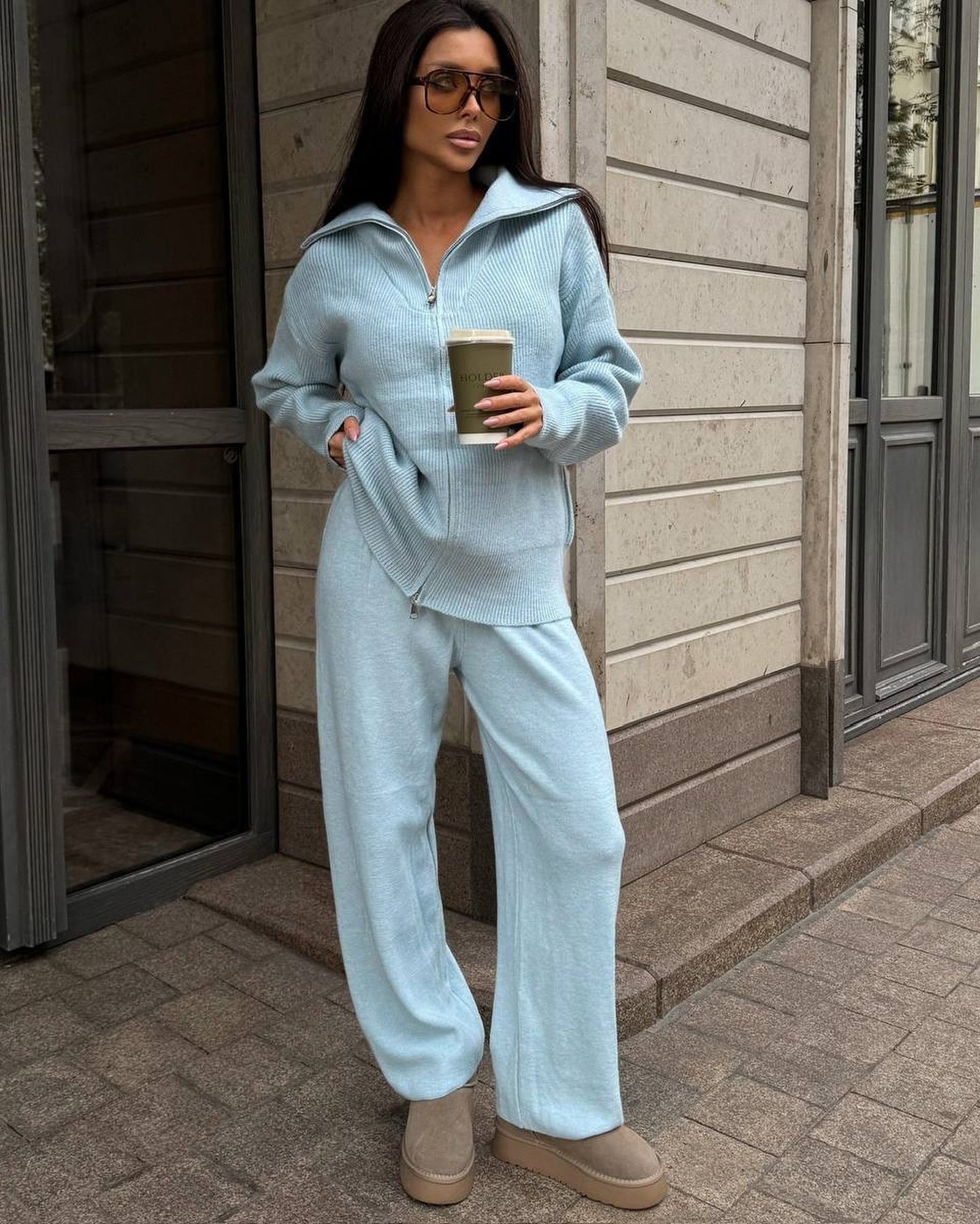 Damen modischer Reißverschluss-Sweater im Rippdesign mit lässigem Schnitt Stalluxe Himmelblau