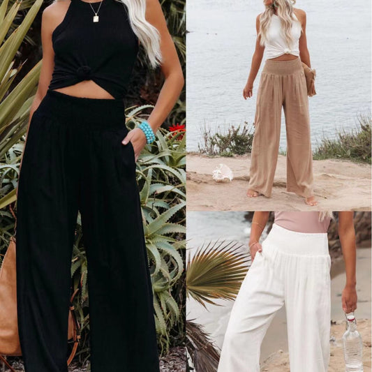Damen Weite Leinenhose mit elastischem Bund und Falten Stalluxe