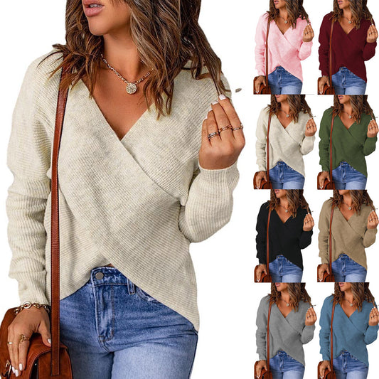 Damen lässiger Wickel-Pullover mit tiefem V-Ausschnitt und strukturiertem Gewebe Stalluxe