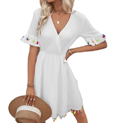 Damen Sommerkleid mit verspielten Volants und bunten Quasten Stalluxe