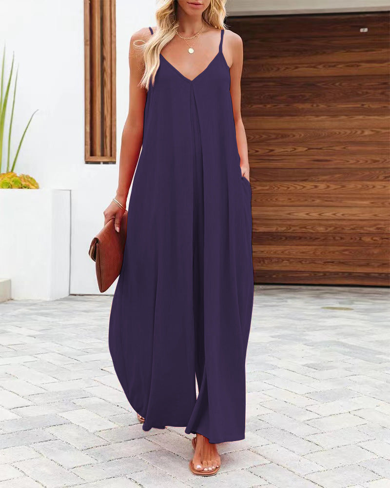Damen Smarter Jumpsuit mit tiefem V-Ausschnitt und Seitentaschen Stalluxe