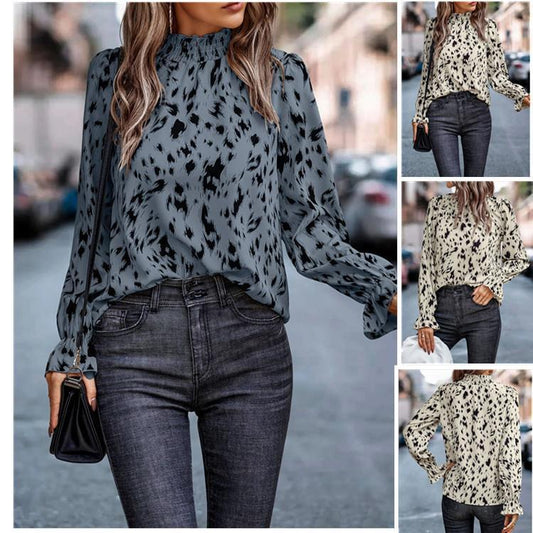 Damen Bluse mit Volantkragen und animalischem Druck Stalluxe