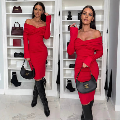 Damen Figurbetontes Cocktailkleid mit Off-Shoulder-Ausschnitt Stalluxe Rot