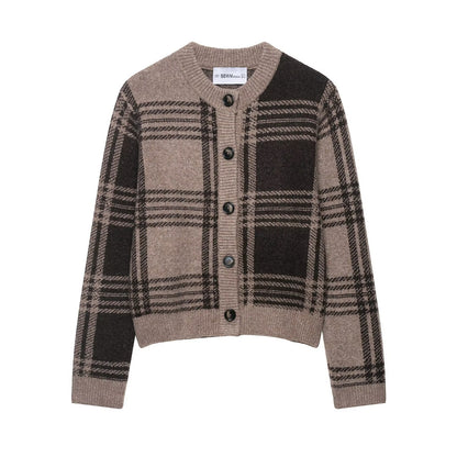 Damen modische Strickjacke mit Karomuster und Knopfdetails Stalluxe