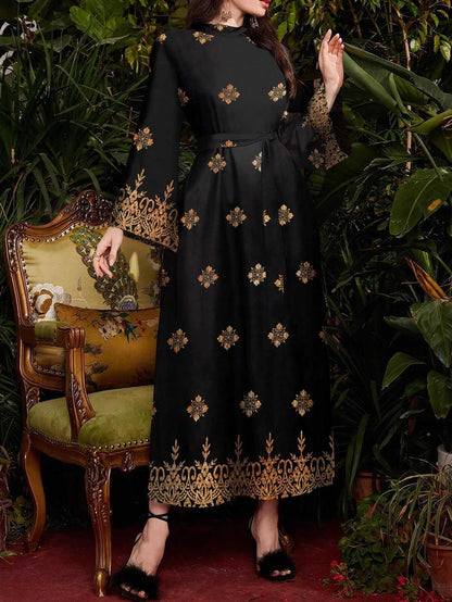 Damen festliches Abendkleid mit elegantem Gold- und Blumenmuster Stalluxe