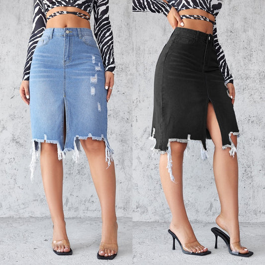 Damen Jeansrock mit hohem Schlitz und lässigem Fransensaum Stalluxe