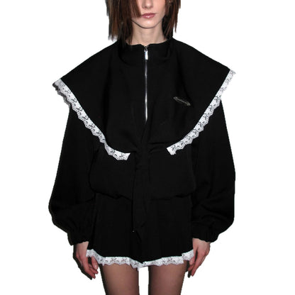 Damen Oversized Jacke mit dekorativem Spitzenkragen und bindbarem Gürtel Stalluxe