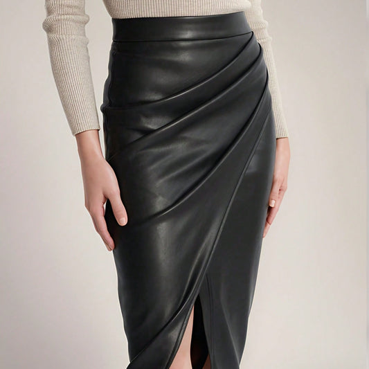 Damen Eleganter Wickelrock aus hochwertigem Kunstleder mit asymmetrischem Schnitt Stalluxe