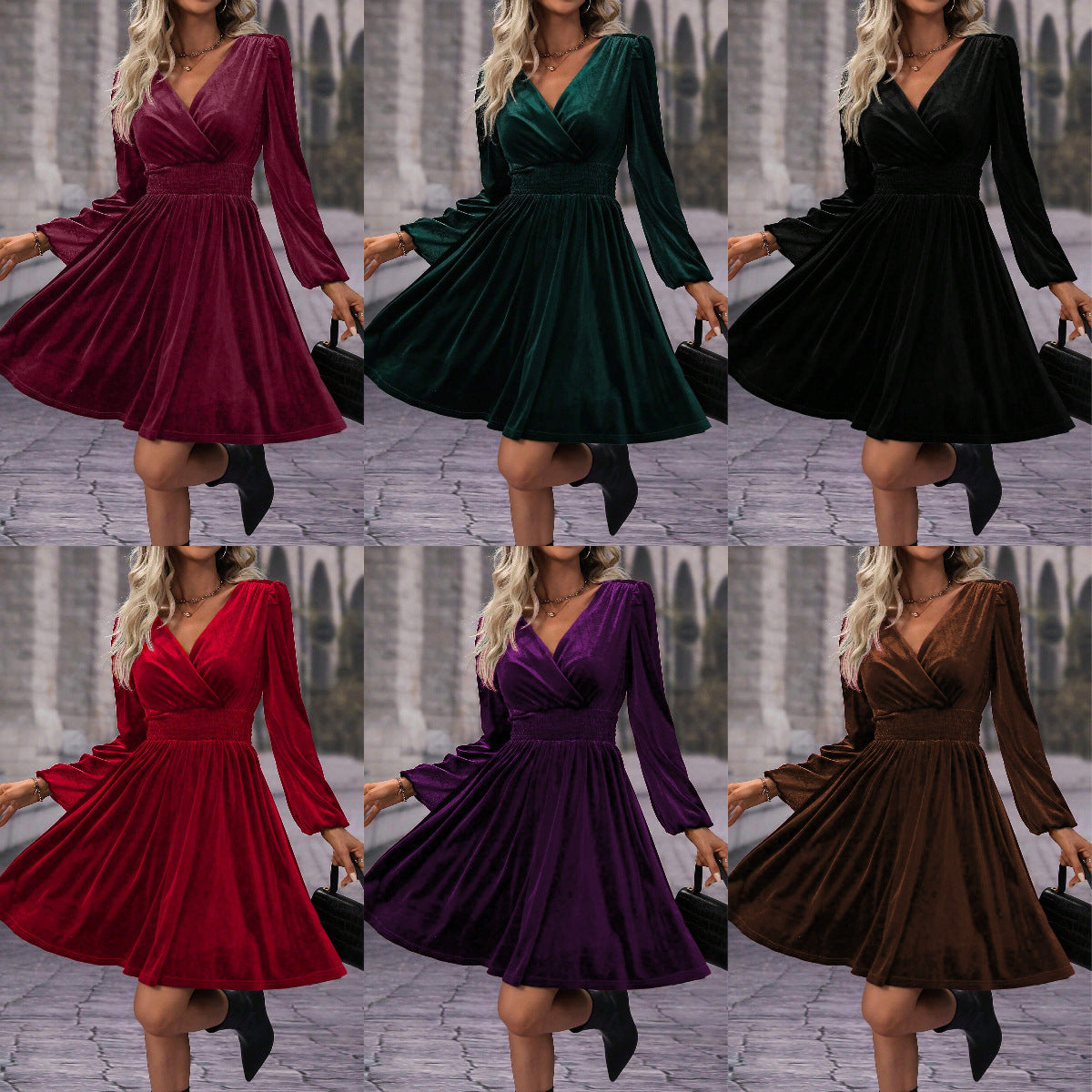 Damen Skaterkleid mit eleganten Raffung und V-Ausschnitt Stalluxe