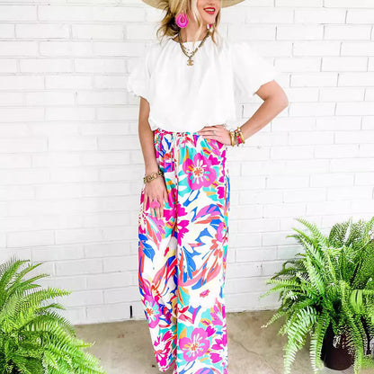 Damen Weit geschnittene Freizeithose mit buntem Blumenmuster und elastischem Bund Stalluxe