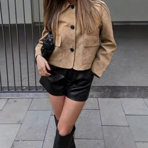 Damen Wildlederimitat Jacke mit Knopfleiste und Taschen Stalluxe