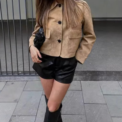 Damen Wildlederimitat Jacke mit Knopfleiste und Taschen Stalluxe