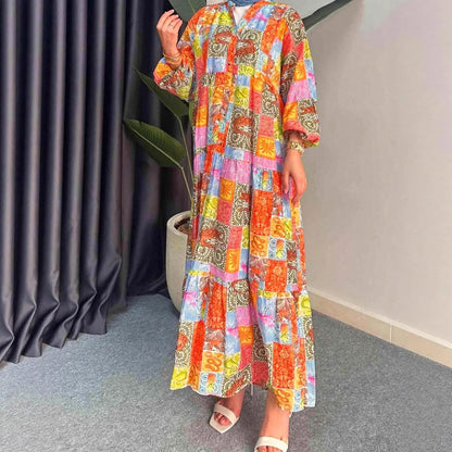 Damen Maxikleid im Boho-Stil mit buntem Patchwork-Design und weiten Ärmeln Stalluxe