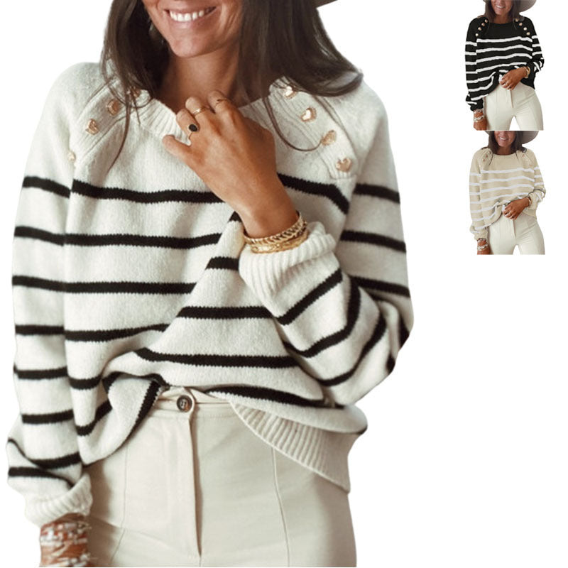 Damen Strickpullover mit stilvollem Streifenmuster und Goldknöpfen Stalluxe