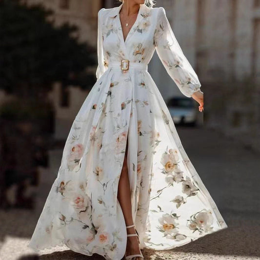 Damen Elegantes Maxikleid mit floralen Applikationen und tiefem V-Ausschnitt Stalluxe
