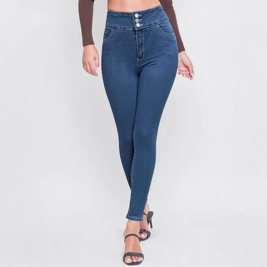 Damen Hochgeschnittene Skinny Jeans mit modischen Knopfdetails Stalluxe
