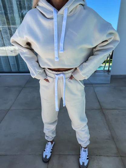 Damen bequemer Cropped Hoodie mit elastischem Bund und lässiger Jogginghose Set Stalluxe