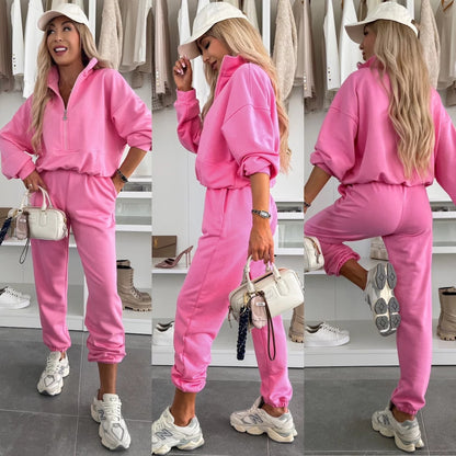 Damen sportliches Fleece-Set mit halbem Reißverschluss und elastischem Bund Stalluxe