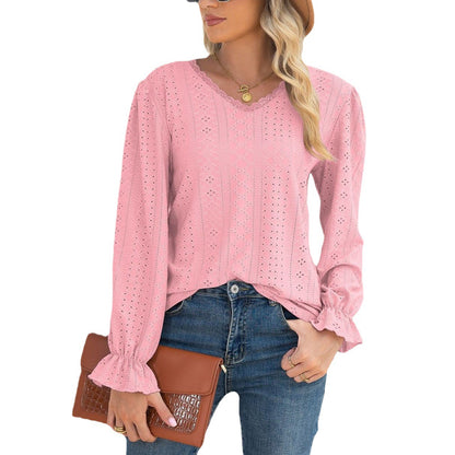 Damen Blusenshirt mit Lochmuster und elastischen Ärmelbündchen Stalluxe