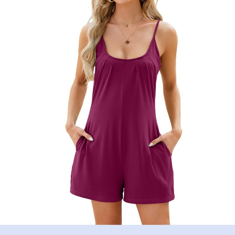 Damen Jumpsuit mit Spaghettiträgern und praktischen Taschen Stalluxe Dunkelrot