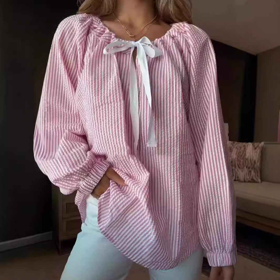 Damen Bluse mit elastischem Ausschnitt und Schleifenbindung Stalluxe