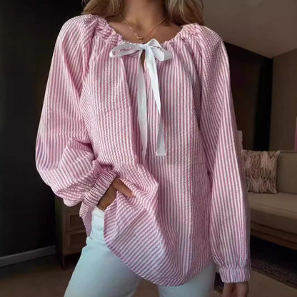 Damen Bluse mit elastischem Ausschnitt und Schleifenbindung Stalluxe
